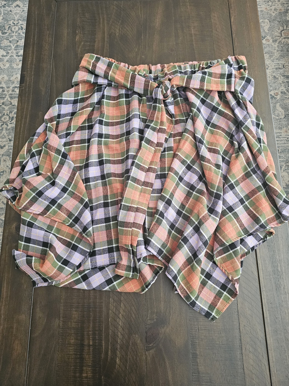 Plaid Tie-Waist Circle Skirt in Pink, Green & Cream